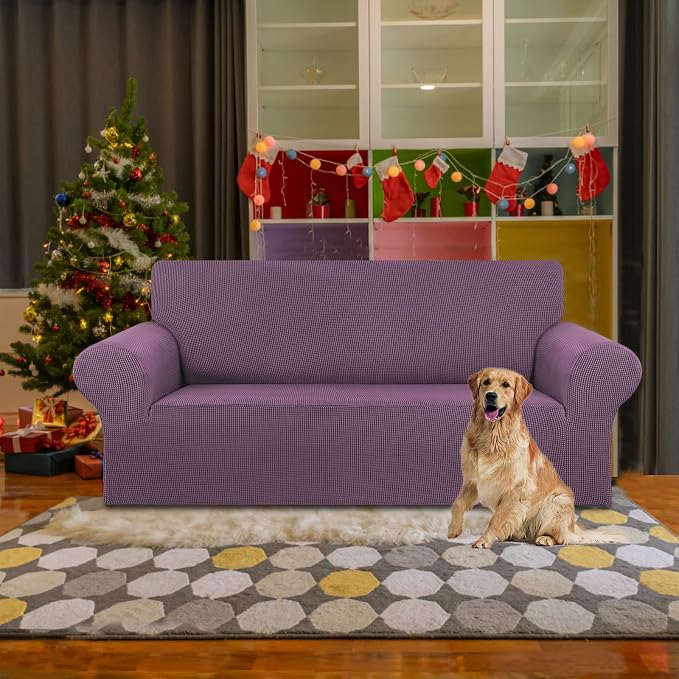 KEKUOU Stretch Loveseat Sofa Cover Slipcover,Couch Covers for 2 Cushion Couch Sofa (55"-78") Furniture Protector Sofa with Elastic Bottom for Kids,Dog. Jacquard Small Checked (Medium,Dark Purple)