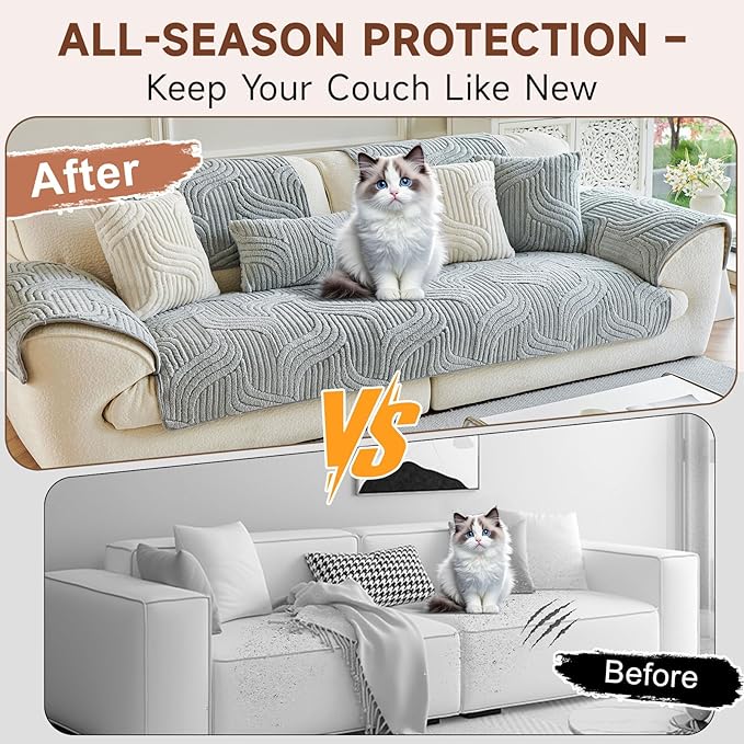 OTOB Sofa Covers Dog Couch Cover Washable, Fuzzy Plush Sofa Slipcovers Furniture Protector, Non Slip Pet Couch Covers for 3 Cushion Couch Sofa, All Seasons, 1 Piece (Light Gray, 35.4"x82.7")