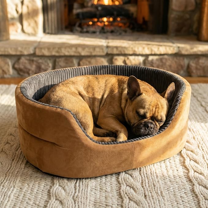 Large Dog Bed Cat Bed 20x30 Inch,Calming Pet Bed for Dogs & Cats,Machine Washable Dog Bed,Half-Enclosed Open-Top Velvet Anti-Anxiety Bed,Cozy Snuggle Bed (Camel)