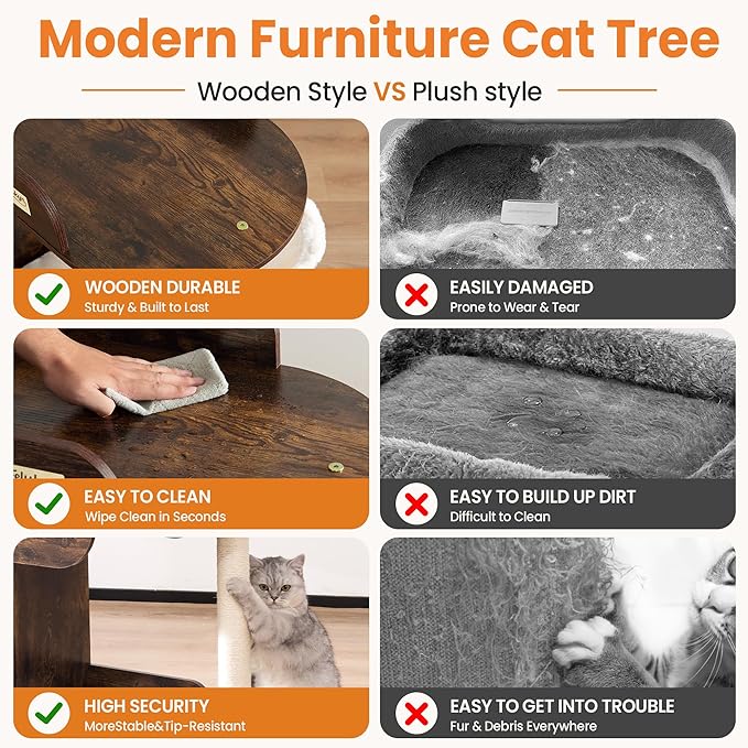 Modern Wood Cat Tree Tower for Indoor Large Cats, Cat Scratching Posts with Big Perch Bed, 44.8" Tall Multi-Level Wooden Cat Condo with Hammock, Removable Pads, Kitty Furniture, Rustic Brown
