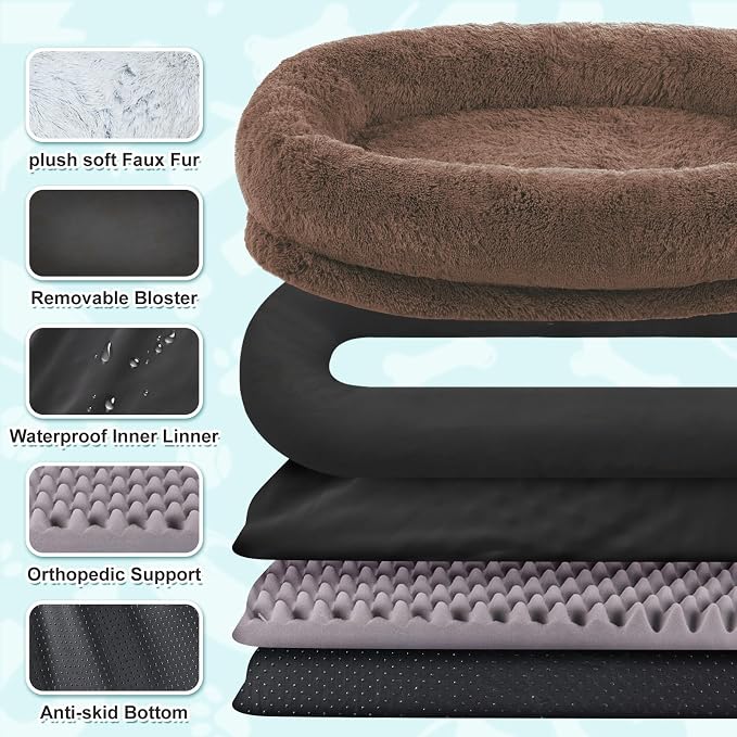 YAEM Human Dog Bed for Adult and Pets - 71"x45"x12" Dogs Beds for Humans with Washable Faux Fur Cover, Plump Pillow, Blanket, Orthopedic Design, Strap-Coffee