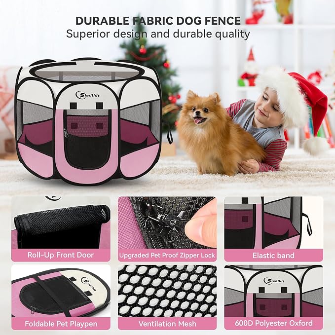 Siedihit Pink Puppy Playpen for Middle Dog Cat, Dog Tent Crates Cage Indoor/Outdoor, Portable Pop Up Dog Kennel with Carrying Bag for Rabbits, (Pink, Medium)