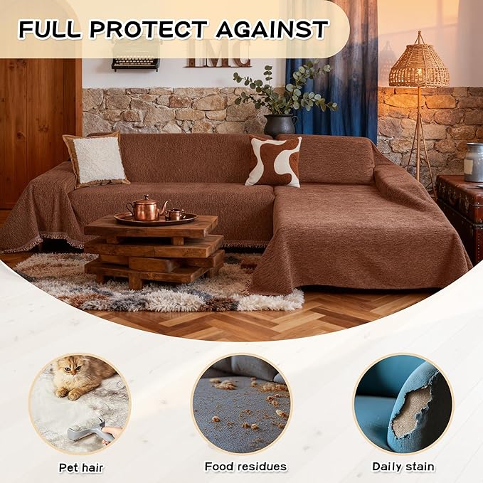 MYSKY HOME Couch Cover for Sectional Sofa, 2 Pieces Chenille Couch Covers for L Shape Sofa Cover, Furniture Protector for Pet, Kid, Sofa Slipcover for 3-4 Cushion Couch (71"x118"+91"x134", Chocolate)