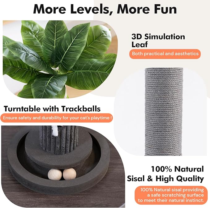 Woochpet 35" Tall, Sisal Cat Scratcher with Mouse Toy and Track Balls, Palm Tree Design Scratch Pole for Kittens Grey Base