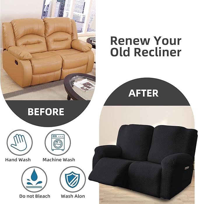 Genina Recliner Loveseat Covers, Stretch Reclining Sofa Covers, 2 Seater Couch Cushion Stripe Jacquard Recliner Slipcovers - Furniture Protector Covers for Pet Kid (Black)