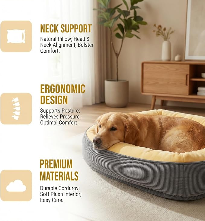 Calming Dog Bed for Medium to Large Dogs 30"x21" - Orthopedic Washable Pet Bed with Anti-Slip Bottom, Indoor Soft Cat Bed with Removable Cover (Beige)