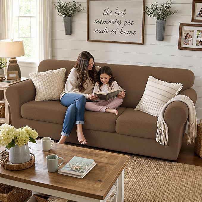 XINEAGE New 3 Pieces Couch Covers for 2 Extra Large Cushion Sofa Super Stretch Sofa Cover for 2 Large Seat Universal Loveseat Slip Cover for Living Room (Brown), 71"-91"(2 Cushions)