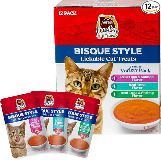 Country Kitchen, Bisque Style Lickable Cat Treats, 3 Flavor Variety Pack, Made with Real Tuna, Shrimp and Salmon, 5 oz. Tubes, 12 Count