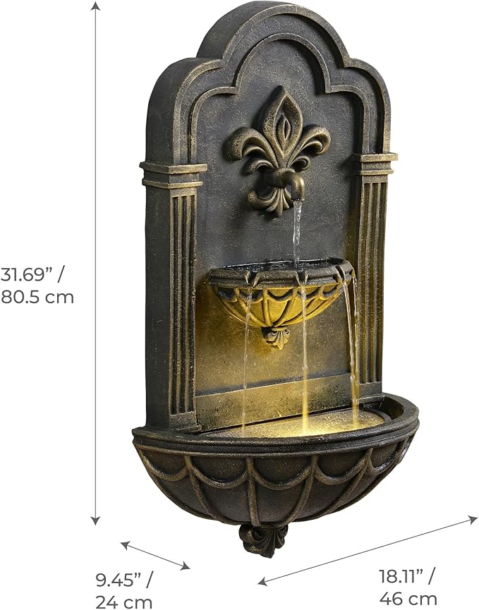 Teamson Home Fleur-de-lis Outdoor Water Fountain–Warm Glow Lighting with Adjustable Flow & Electric Pump, Black & Gold