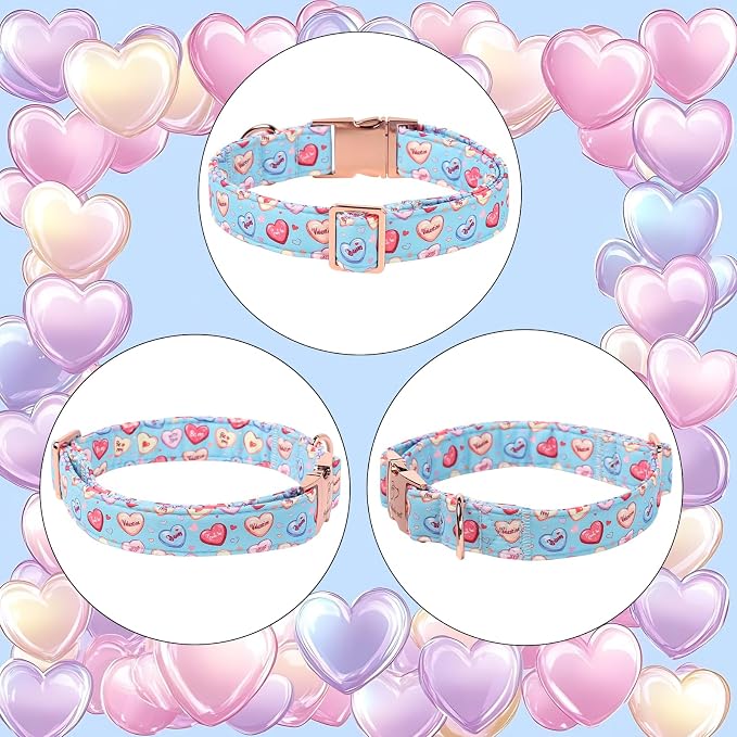 Valentines Dog Collar for Medium Dogs - Cute Blue Heart Pattern Puppy Collar Sweet Valentine Adjustable Heavy Duty Pet Collar with Metal Buckle M