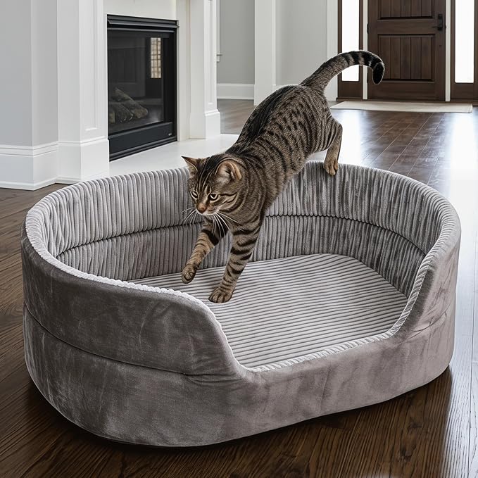 Medium Dog Bed Cat Bed 18x26 Inch, Calming Pet Bed for Dogs & Cats, Machine Washable Dog Bed，Half-Enclosed Open-Top Velvet Anti-Anxiety Bed, Cozy Snuggle Bed (Grey)