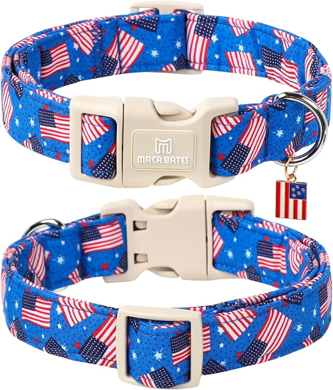 Maca Bates 4th of July Basic Dog Collar with America Flag Charm for Large Boy Girl,Blue Dot USA Flags Dogs Collars Adjustable Soft Independence Day Gift for Male Female Puppy