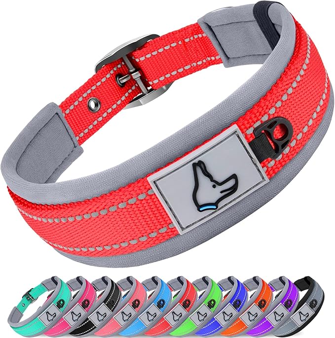 Joytale Dog Collar for Large Dogs, Neoprene Padded and Adjustable, Reflective Wide Heavy Duty Pet Collars with Durable Metal Belt Buckle for Walking, Red, L