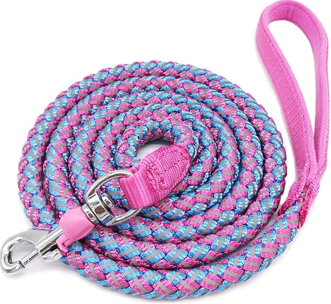 6ft Reflective Large Dog Leash, 3/4" Strong Nylon Thick Rope Braided Heavy Duty for Large Medium Dogs Walking Training Leads (Pink)