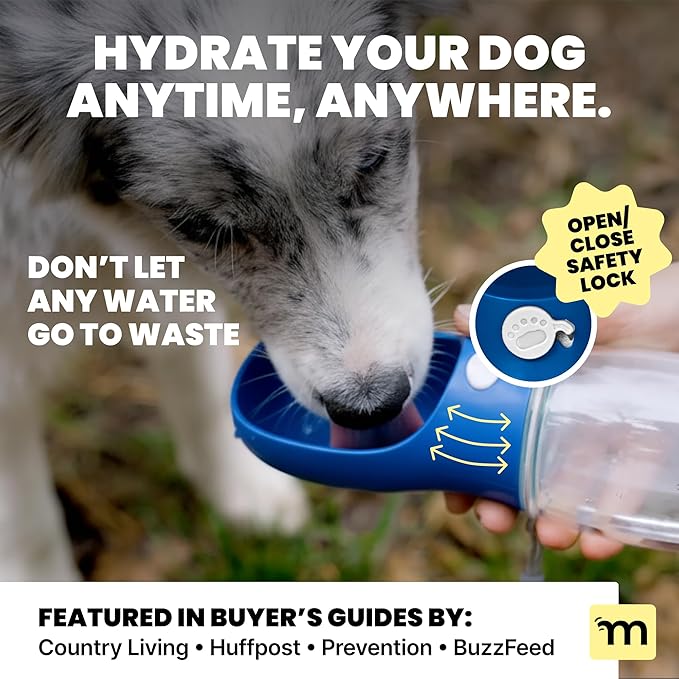 MalsiPree Dog Water Bottle Dispenser for Walks - 12 oz Navy Blue - Leak-Proof Lock & One-Hand Operation - Water Dispenser Pet Travel Bottle, for Travel, Trail Hiking, Park Visit, Camping & Beach Days