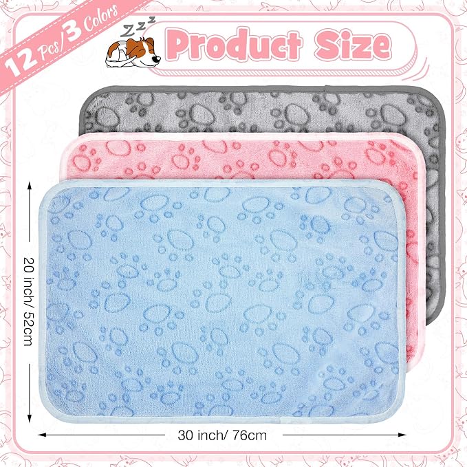 Tegeme 12 Pcs Pet Blankets 30 x 20 Inch Soft Fluffy Fleece Dog Cat Warm Paw Print Pattern Blankets Flannel Throw for Pets Dog Puppy Cat(Pink,Gray,Blue)