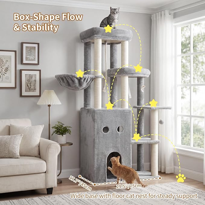 Heybly Cat Tree, 59.4" Secure Anti-Tip Cat Tower for Large Cats, Spacious Cat Furniture with Dual-Tier Cat Condo, 2 Top Perches, Hammock and Sisal Scratching Posts, Light Gray HCT055W