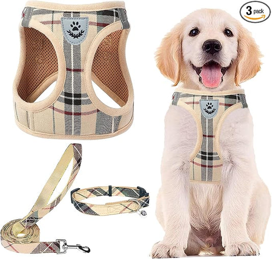 PUPTECK Adjustable Dog Harness Collar and Leash Set Step in No Pull Pet Harness for Small Medium Dogs Puppy and Cats Outdoor Walking Running, Soft Mesh Padded Reflective Vest Harnesses, Beige XL
