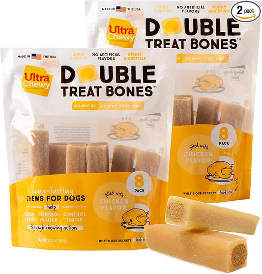 Ultra Chewy Double Treat Bones: Long-Lasting Dog Treats Made in USA for Large and Small Breeds, Highly Digestible, Ideal for Aggressive Chewers (Chicken, 2 Value Packs)