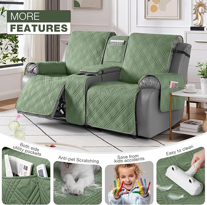 TAOCOCO Waterproof Loveseat Recliner Cover with Console, Non-Slip Reclining Loveseat with Console Cover with Pocket, Split Recliner Sofa Covers Furniture Protector for Pets Dogs(2 Seater, Bean Green)