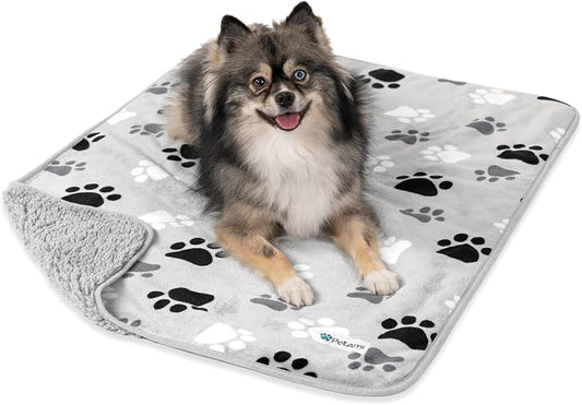 PETAMI Sherpa Fleece Waterproof CAT and Dog Blanket, PAW Gray, Medium