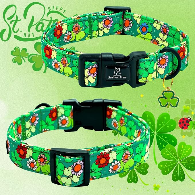 Lionheart glory St. Patrick's Dog Collar-Lucky Clover Shamrock Green Spring Trefoil Dog Collar for Medium Dogs Adjustable Heavy-Duty Dogs Collars Pet Gift Female