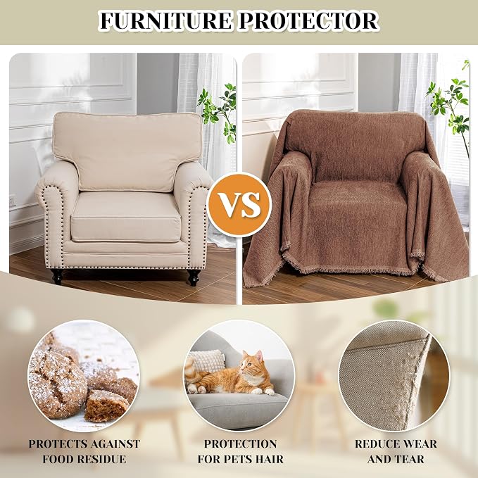 MEETSKY Sofa Covers Armchair Single Couch Cover for Dogs,Throw Couch Cover with Tassel Chair Recliner Futon Cover Washable 1 Cushion Couch Chenille Couch Protector, 71"x 91", Reddish Chocolate