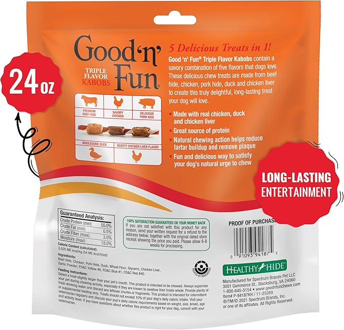 Good 'n' Fun Kabobs Long-Lasting Dog Treat, With Real Proteins, Beef Hide and Premium Chicken, Supports Dental Health, Mental Stimulation, 24 oz