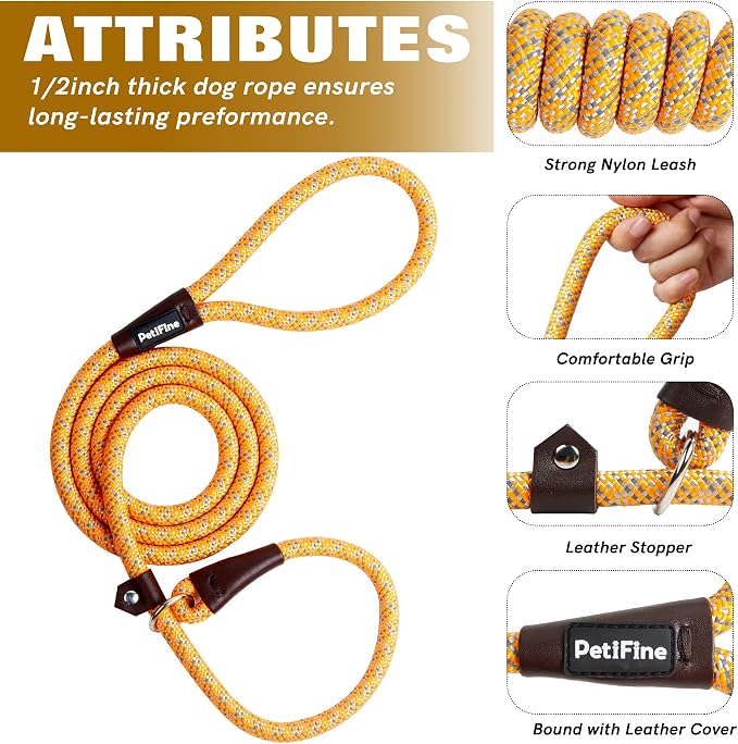 PetiFine Slip Lead, 6FT x 1/2" Reflective Heavy Duty Adjustable Nylon Dog Rope Leash for Small Medium Large Dogs (Orange)