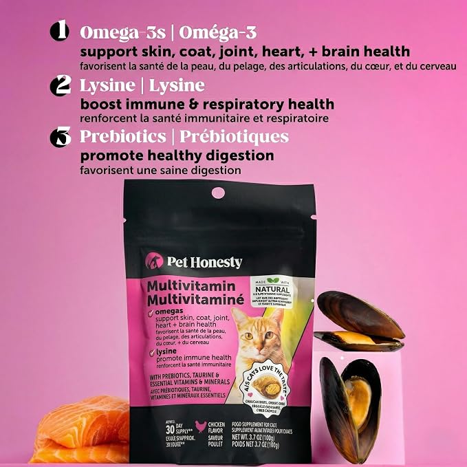 Cat Multivitamin Chews - Cat Treats for Health + Immune, Joint Support, Skin & Coat, and Digestion - Omega 3s, Lysine & Probiotics for Cats, Vitamins for Cats - Chicken (90-Day Supply)