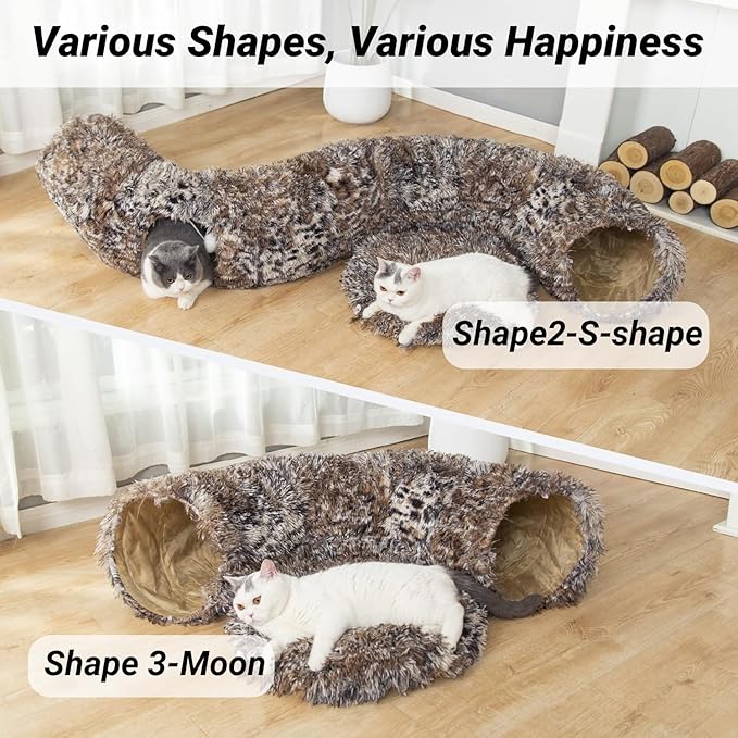 Warm Fluffy Plush Cat Tunnel Bed with Washable Cushion- Big Tube Playground Toys 3 FT Diameter Collapsible, for Indoor Cat Kitty Kitten Puppy Rabbit Ferret Leopard Print