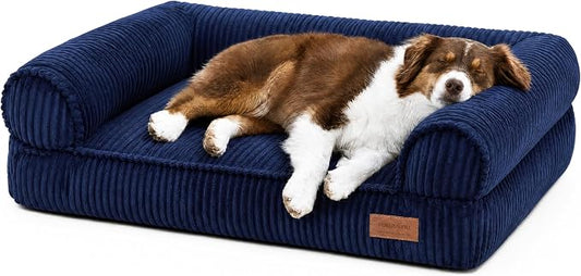 FUKUMARU Cute Dog Bed, Thickened Orthopedic Dogs Couch, 36in Egg Crate Foam Pet Sofa for Medium to Large Dogs, Waterproof Warm Corduroy Pet Bed with Washable Cover, Blue