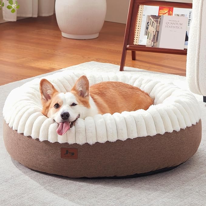 Donut Dog Bed Medium Size Dog 30 Inch, Round Cat Beds for Small Medium Dogs and Cats with Washable Fluffy Faux Fur, Cute Comfort Pet Bed with Anti-Slip Bottom, Cream