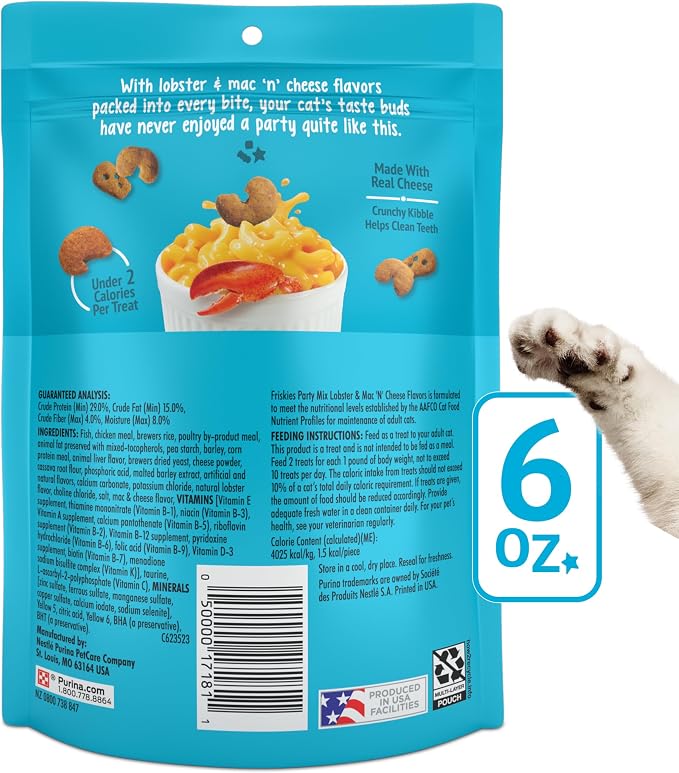 Purina Friskies Cat Treats, Party Mix Lobster & Mac 'N' Cheese Flavors - (Pack of 6) 6 oz. Pouches