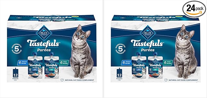Blue Buffalo Tastefuls Purées Variety Pack, Natural Cat Food Complement, Resealable Twist Cap Pouches, Chicken and Tuna, 3-oz (Pack of 24), 12 of Each Flavor