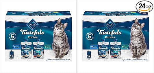 Blue Buffalo Tastefuls Purées Variety Pack, Natural Cat Food Complement, Resealable Twist Cap Pouches, Chicken and Tuna, 3-oz (Pack of 24), 12 of Each Flavor