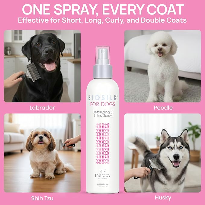 BioSilk for Dogs Silk Therapy Detangling and Shine Protecting Spray, pH Balanced Leave-In Mist with Silk and Vitamins for Dematting, Paraben-Free, All Coats and Breeds, 8 Fl Oz