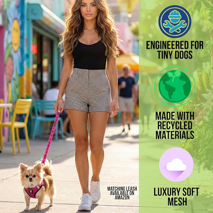 EcoBark Premium Teacup Dog Harness - Luxury Soft Tiny and Toy Breed Dog Harnesses for Puppy - Mini Step in Vest Body Halter Under 5 lbs (Fuchsia Pink, XXXS)