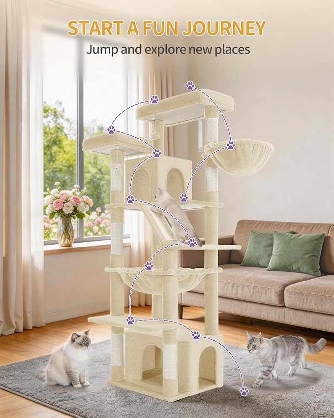 Hzuaneri Large Cat Tree, 72 Inch Tall Indoor Cat Tower for 6 Large Cats, Corner Climbing Activity Pet Condo with 2 Large Platforms/2 Cats House/6 Scratching Post/1 Hanging Basket, Beige MS18318YG