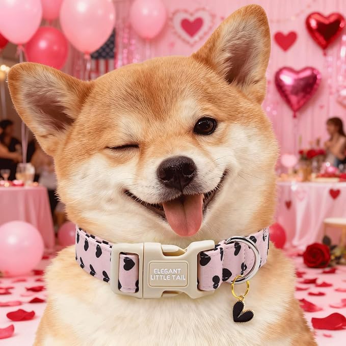 Elegant little tail Valentine's Dog Collar - Black Heart Dog Collars Cotton Puppy Adjustable Pet Collars with Sturdy Quick Release Buckle for Medium Dogs