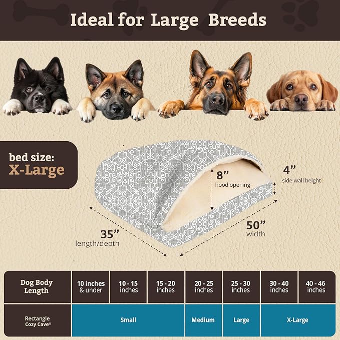 Snoozer Rectangle Cozy Cave Dog Bed - Indoor Dog Bed with Cover Cave, Covered Calming Burrow for Large Sized Pets with Blanket Attached, Enclosed, Washable Cover - XL, Ramey Gray