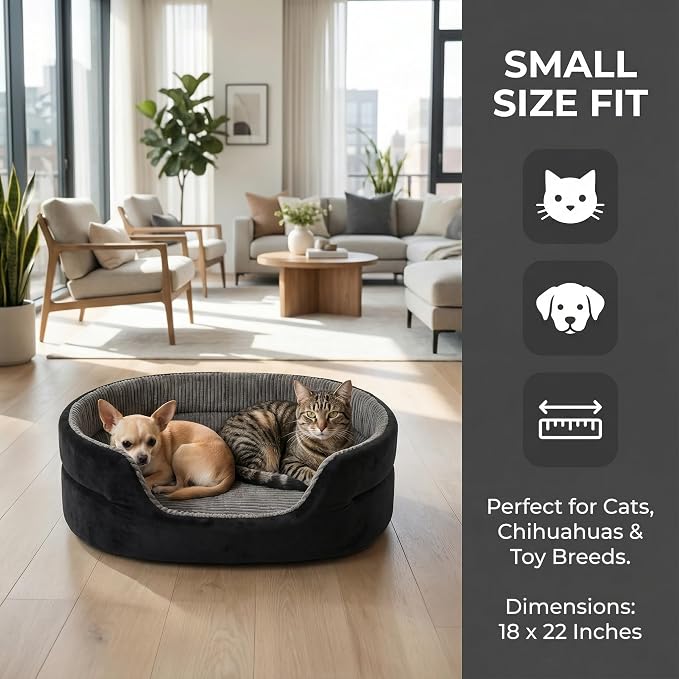 Medium Dog Bed Cat Bed 18x26 Inch, Calming Pet Bed for Dogs & Cats, Machine Washable Dog Bed，Half-Enclosed Open-Top Velvet Anti-Anxiety Bed, Cozy Snuggle Bed (Black)