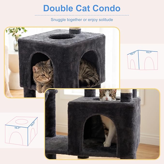 Heybly 68.1" Cat Tree with Oversized Top Platform & Wide Base, Heavy Duty Cat Tower for Large Indoor Cats with 2 Condos, 2 Hammocks, 10 Sisal Scratching Posts, Stable Cat House, Smoky Gray HCT059G