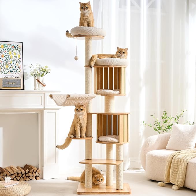 HITTITE Solid Wood Cat Tree Tower with Scratching Post, 70 Inches Tall Cat Towers with Hammock and Condo, Modern Cat Tower with Removable Top Bed for Indoor Cats.