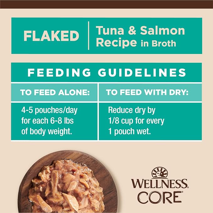 Wellness CORE Tiny Tasters Flaked Adult Wet Cat Food, Natural, Protein Rich, Grain Free, Tuna and Salmon Recipe, 1.75 oz, Pack of 12 Pouches