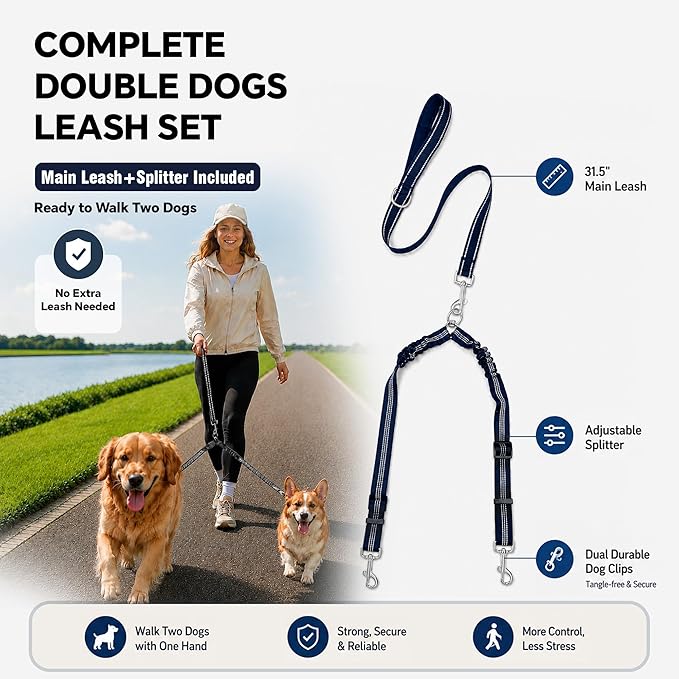 Double Dog Leash for Two Dogs, Complete Set with 31.5" Main Leash + Adjustable Splitter, Padded Handle, D-Ring, 360° Swivel, Shock-Absorbing Bungee, Reflective for Small Medium Large Dogs (Black)