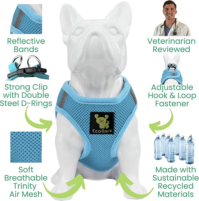 EcoBark Teacup Dog Harness- Luxury Soft Step in Dog Harness for Puppy & Tiny Dogs - Reflective Mini Body Halter Vest (XXXS Baby Blue)
