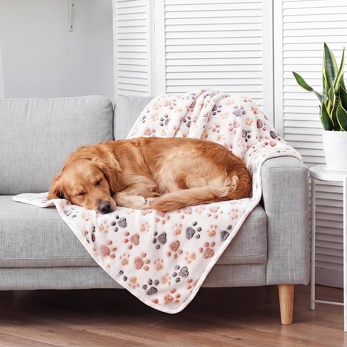 Tegeme 12 Pcs Pet Blankets 41 x 30 Inch Soft Fluffy Fleece Dog Cat Warm Paw Print Pattern Blankets Flannel Throw for Pets Dog Puppy Cat(White, Gray)