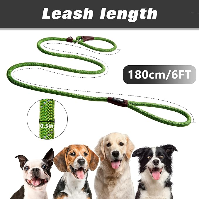 PetiFine Slip Lead Dog Leash - 6FT x 1/2" Reflective Durable Training Rope, Heavy Duty Adjustable Nylon for Small Medium Large Dogs (Green)