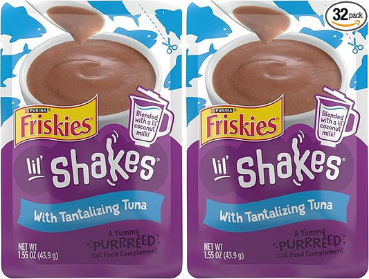 Friskies Purina Pureed Cat Food Topper,Lil’ Shakes with Tantalizing Tuna Lickable Cat Treats - 1.55 oz. Pouches,(Pack of 32)